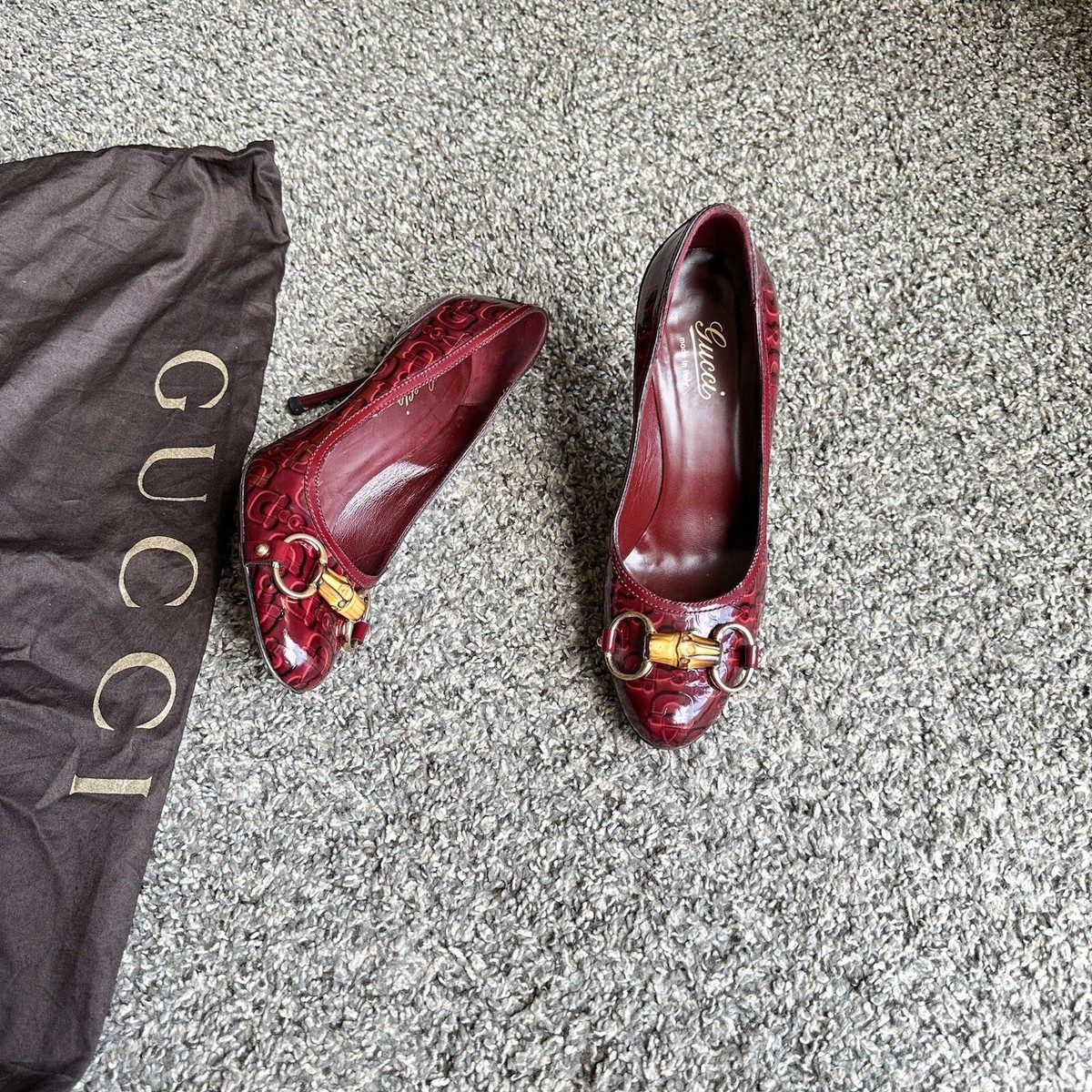 Gucci Women's GG Bamboo Horsebit Heels Pumps Shoes Burgundy Patent